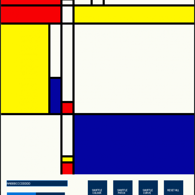 Screen shot of generative art software with a Mondrian design in red, yellow, blue, white and black