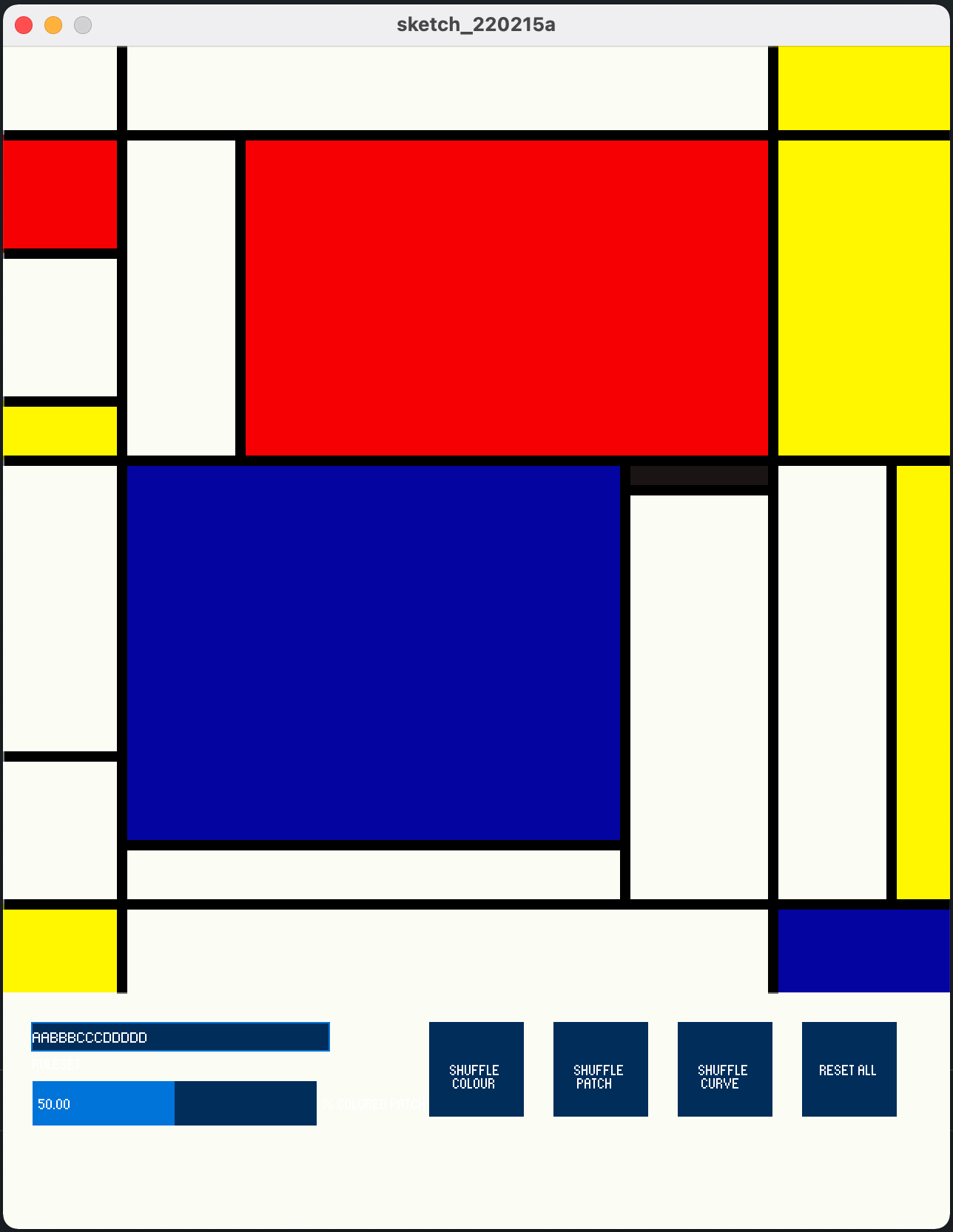 Screen shot of generative art software with a Mondrian design in red, yellow, blue, white and black