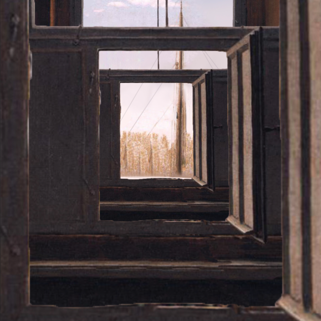 Still of an interactive painting with many windows in front of each other and a scene in the background.