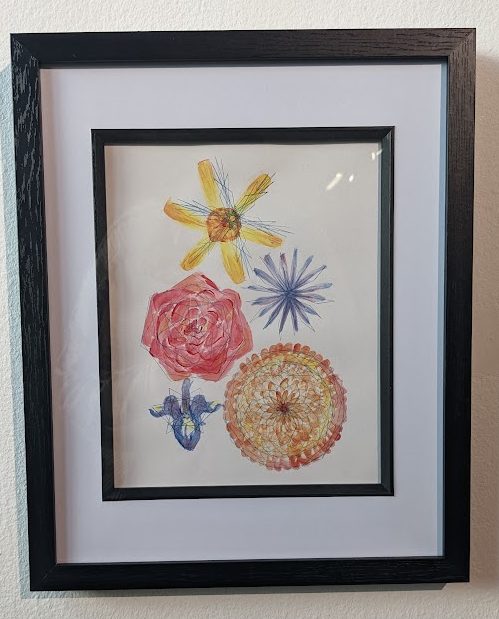 Image of a framed minimalist painting of several flowers